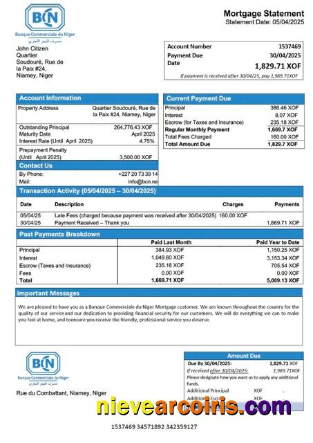 Premium Niger Banque Commerciale Du Niger (BCN) Mortgage Statement Word And PDF Template