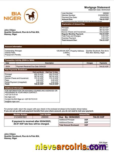 Professional Niger Banque Internationale Pour L'Afrique Au Niger (BIA Niger) Mortgage Statement Word And PDF Template