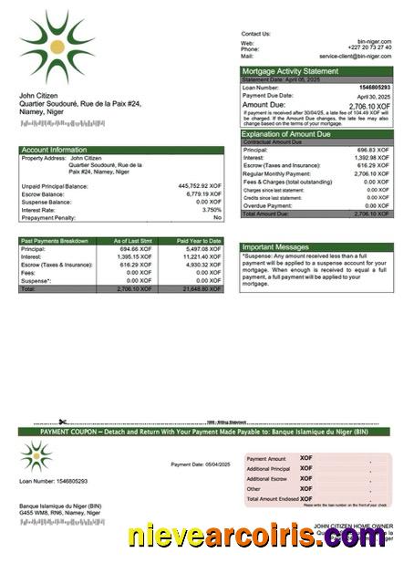 Realistic Niger Banque Islamique Du Niger (BIN) Mortgage Statement Word And PDF Template