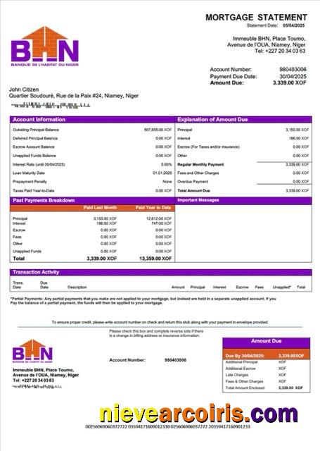 Premium Niger Banque De L'Habitat Du Niger (BHN) Mortgage Statement Word And PDF Template