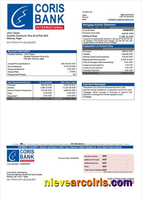 Professional Niger Coris Bank International Mortgage Statement Word And PDF Template