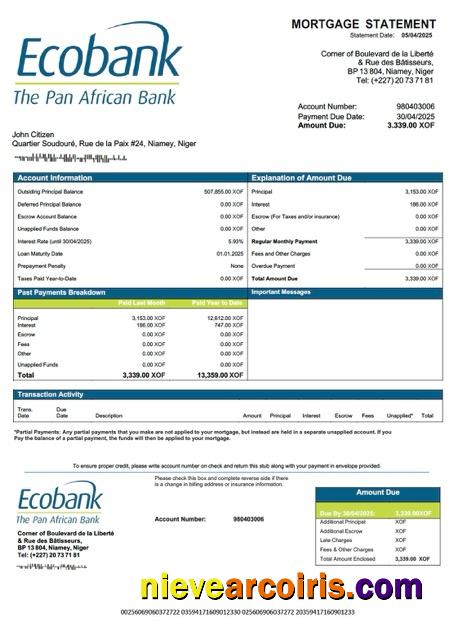 Realistic Niger Ecobank Mortgage Statement Word And PDF Template