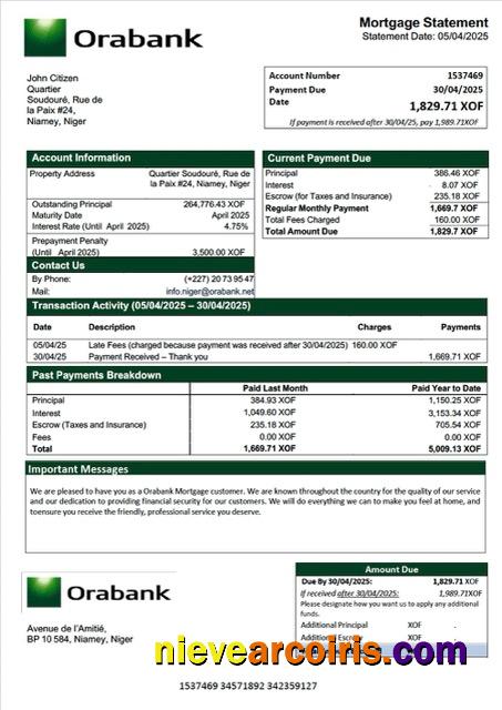 Realistic Niger Orabank Mortgage Statement Word And PDF Template