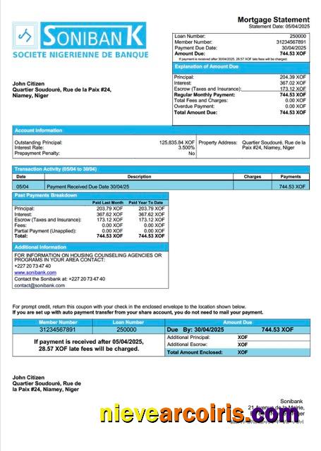 Editable Niger Sonibank Mortgage Statement Word And PDF Template