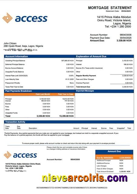 Realistic Nigeria Access Bank Mortgage Statement Word And PDF Template