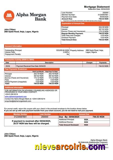 Realistic Nigeria Alpha Morgan Bank Mortgage Statement Word And PDF Template