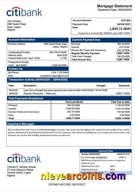 Editable Nigeria Citibank Mortgage Statement Word And PDF Template