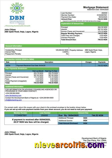 Realistic Nigeria Development Bank Of Nigeria Mortgage Statement Word And PDF Template