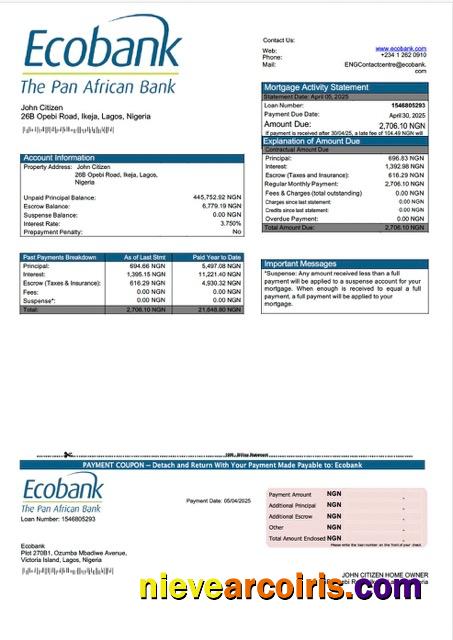 Realistic Nigeria Ecobank Mortgage Statement Word And PDF Template