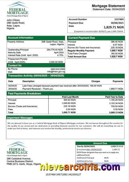 Editable Nigeria Federal Mortgage Bank Of Nigeria Mortgage Statement Word And PDF Template