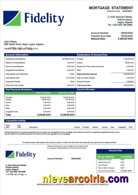 Professional Nigeria Fidelity Bank Mortgage Statement Word And PDF Template