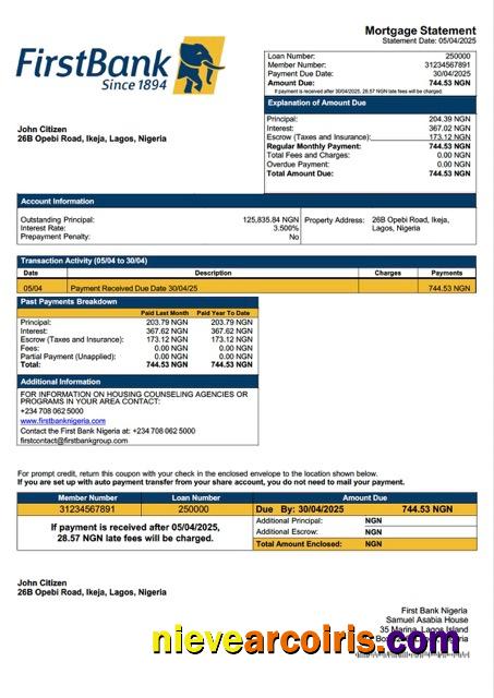Editable Nigeria First Bank Nigeria Mortgage Statement Word And PDF Template