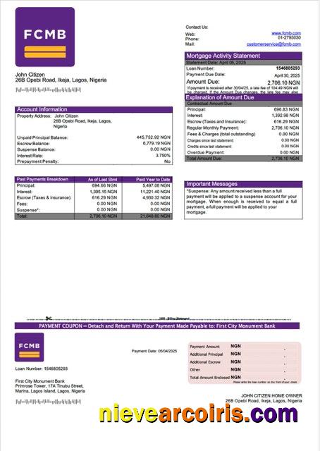 Realistic Nigeria First City Monument Bank Mortgage Statement Word And PDF Template