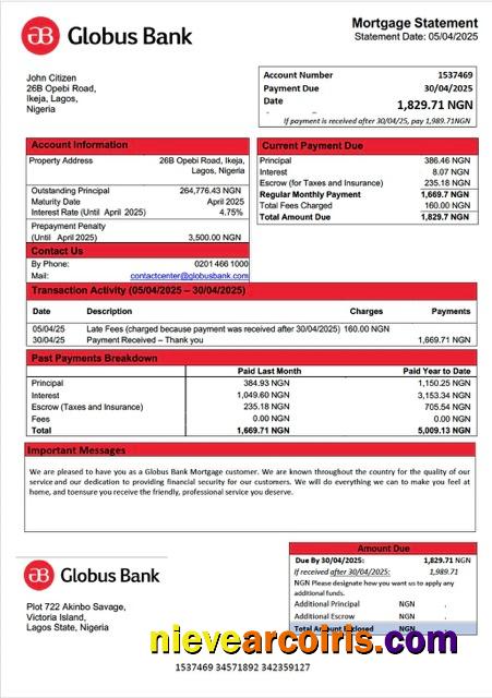 Premium Nigeria Globus Bank Mortgage Statement Word And PDF Template