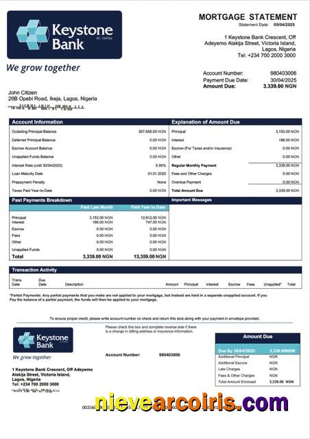Premium Nigeria Keystone Bank Mortgage Statement Word And PDF Template