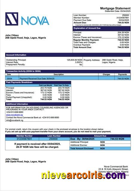 Realistic Nigeria Nova Commercial Bank Mortgage Statement Word And PDF Template