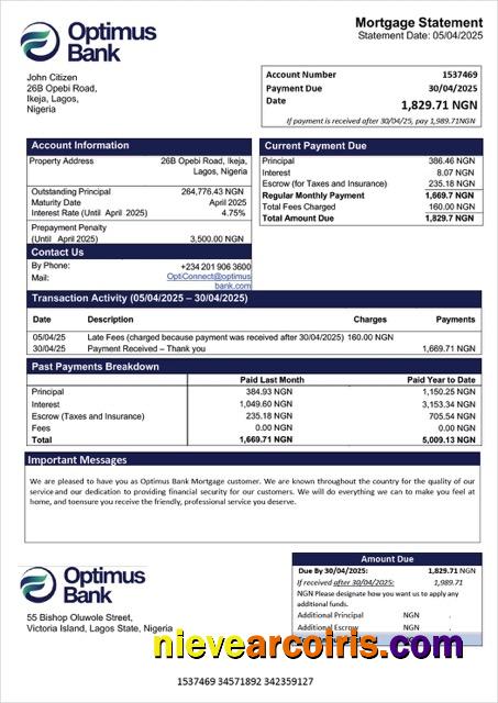 Premium Nigeria Optimus Bank Mortgage Statement Word And PDF Template