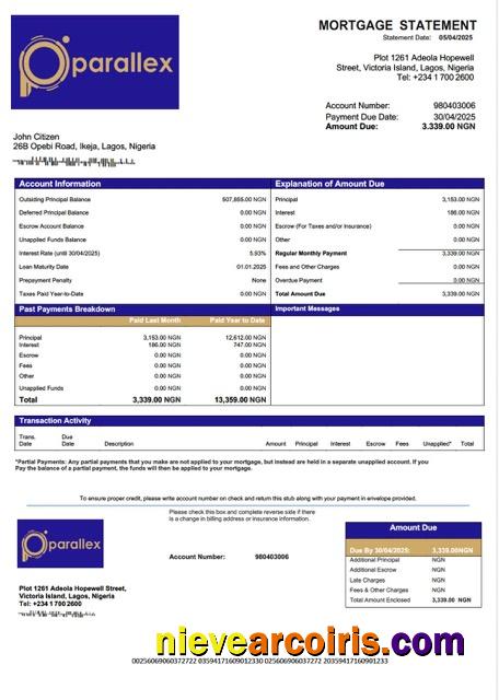 Premium Nigeria Parallex Bank Mortgage Statement Word And PDF Template