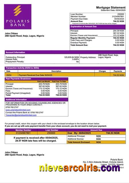 Premium Nigeria Polaris Bank Mortgage Statement Word And PDF Template