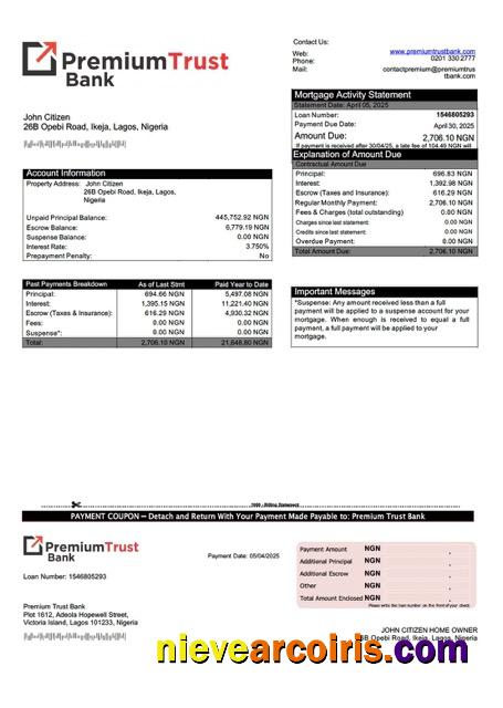 Realistic Nigeria Premium Trust Bank Mortgage Statement Word And PDF Template
