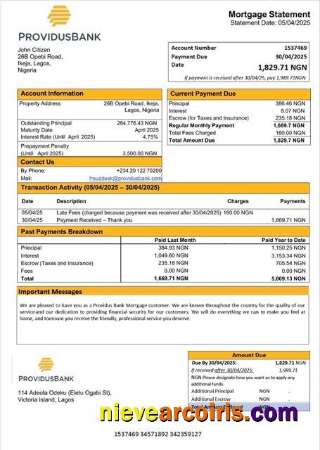 Realistic Nigeria Providus Bank Mortgage Statement Word And PDF Template