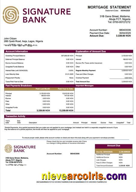 Professional Nigeria Signature Bank Mortgage Statement Word And PDF Template