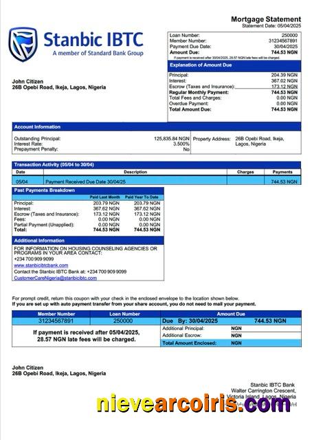 Premium Nigeria Stanbic IBTC Bank Mortgage Statement Word And PDF Template