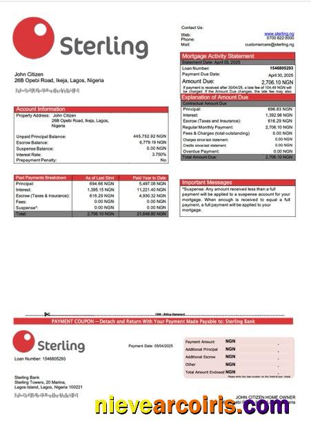 Professional Nigeria Sterling Bank Mortgage Statement Word And PDF Template