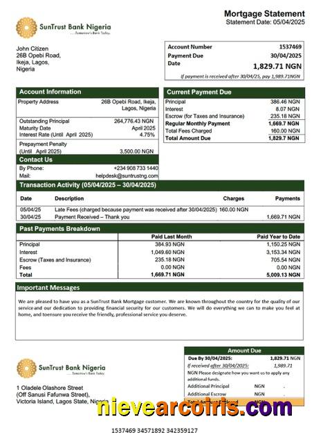 Professional Nigeria SunTrust Bank Mortgage Statement Word And PDF Template
