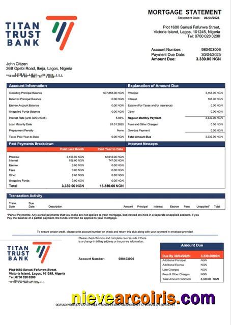 Professional Nigeria Titan Trust Bank Mortgage Statement Word And PDF Template