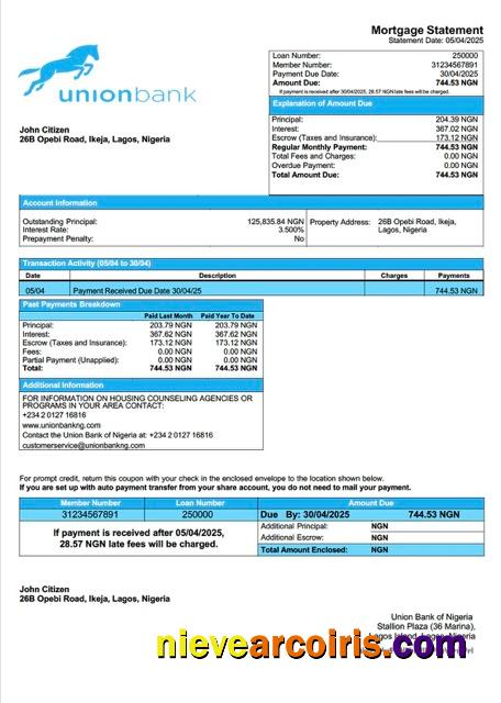 Premium Nigeria Union Bank Of Nigeria Mortgage Statement Word And PDF Template