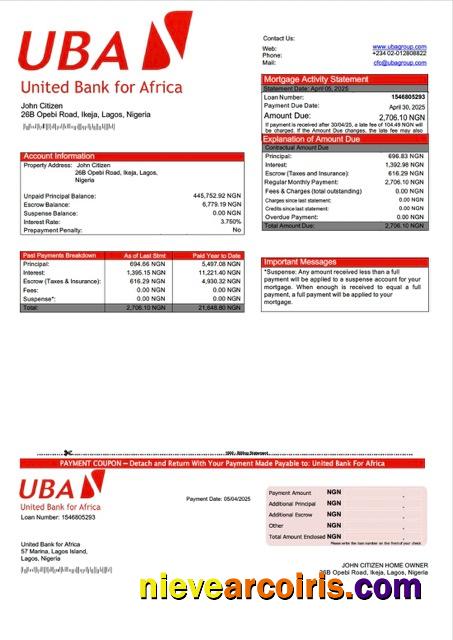 Professional Nigeria United Bank For Africa Mortgage Statement Word And PDF Template