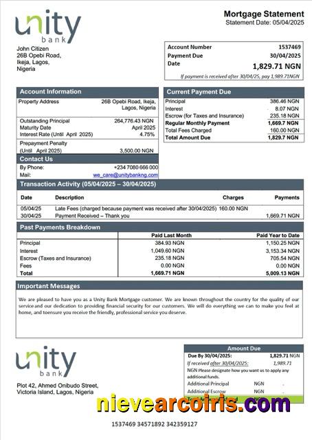 Premium Nigeria Unity Bank Mortgage Statement Word And PDF Template