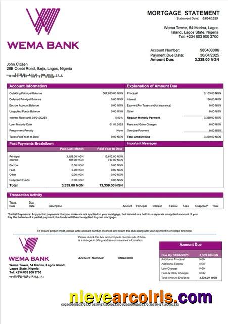 Editable Nigeria Wema Bank Mortgage Statement Word And PDF Template
