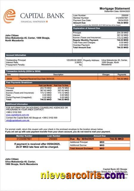 Realistic North Macedonia Capital Bank AD Skopje Mortgage Statement Word And PDF Template