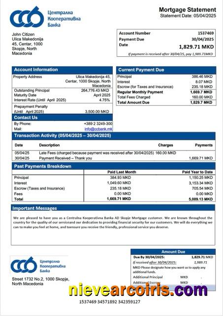 Premium North Macedonia Centralna Kooperativna Banka AD Skopje Mortgage Statement Word And PDF Template