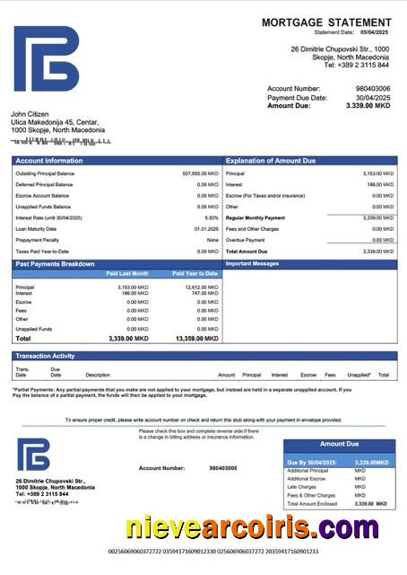 Realistic North Macedonia Development Bank Of North Macedonia Mortgage Statement Word And PDF Template