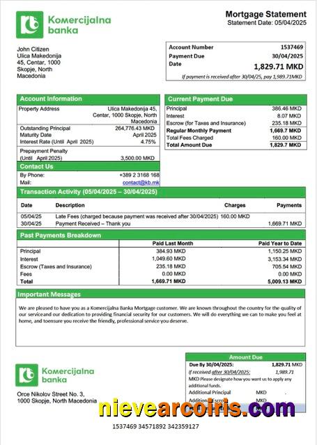 Professional North Macedonia Komercijalna Banka Mortgage Statement Word And PDF Template