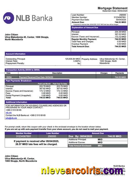 Editable North Macedonia NLB Banka Mortgage Statement Word And PDF Template
