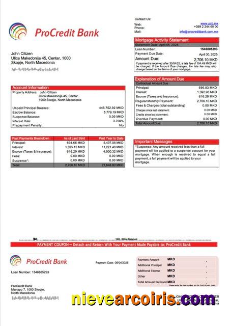 Professional North Macedonia ProCredit Bank Mortgage Statement Word And PDF Template