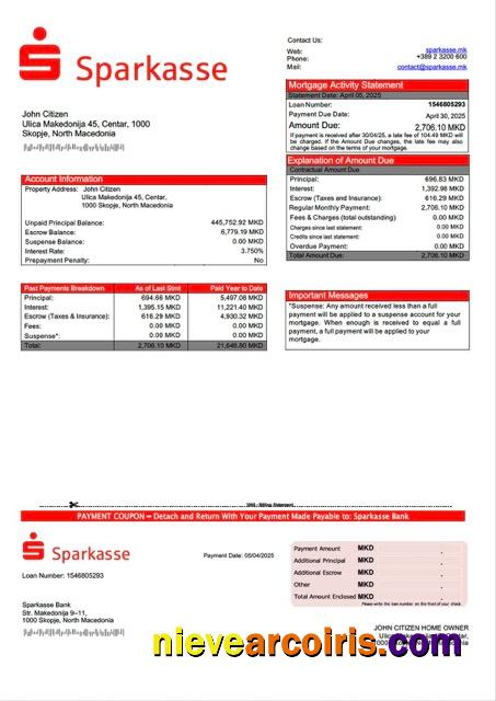 Editable North Macedonia Sparkasse Bank Mortgage Statement Word And PDF Template