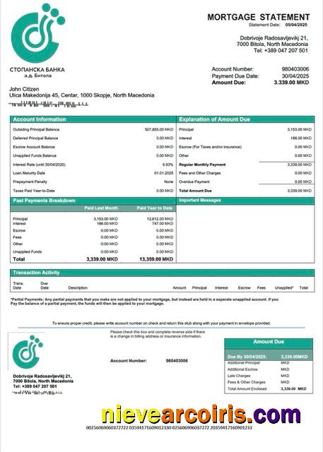 Professional North Macedonia Stopanska Banka AD Bitola Mortgage Statement Word And PDF Template