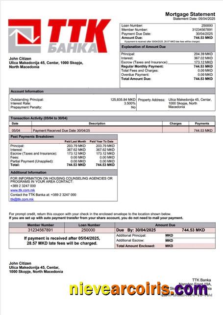 Professional North Macedonia TTK Banka Mortgage Statement Word And PDF Template