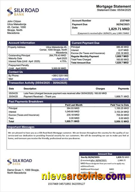 Professional North Macedonia Silk Road Bank Mortgage Statement Word And PDF Template