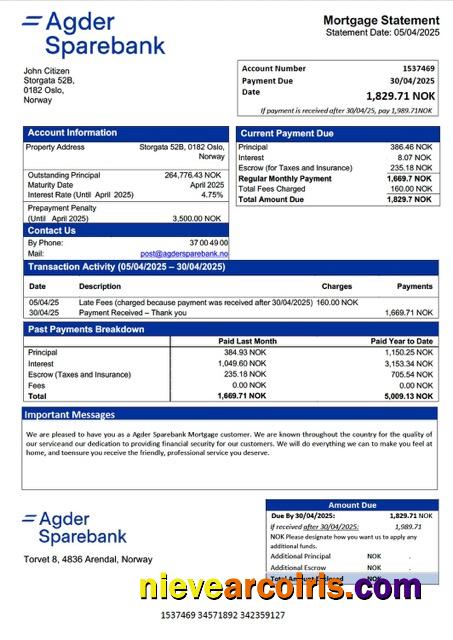 Editable Norway Agder Sparebank Mortgage Statement Word And PDF Template