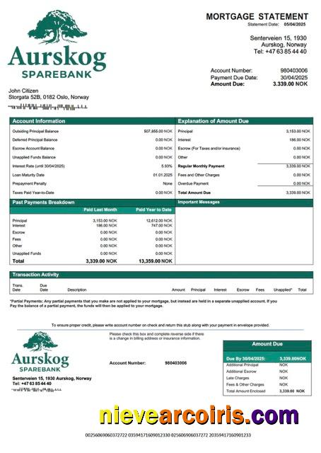 Editable Norway Aurskog Sparebank Mortgage Statement Word And PDF Template