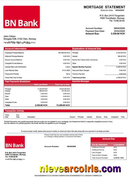Editable Norway BN Bank Mortgage Statement Word And PDF Template
