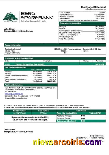Editable Norway Berg Sparebank Mortgage Statement Word And PDF Template