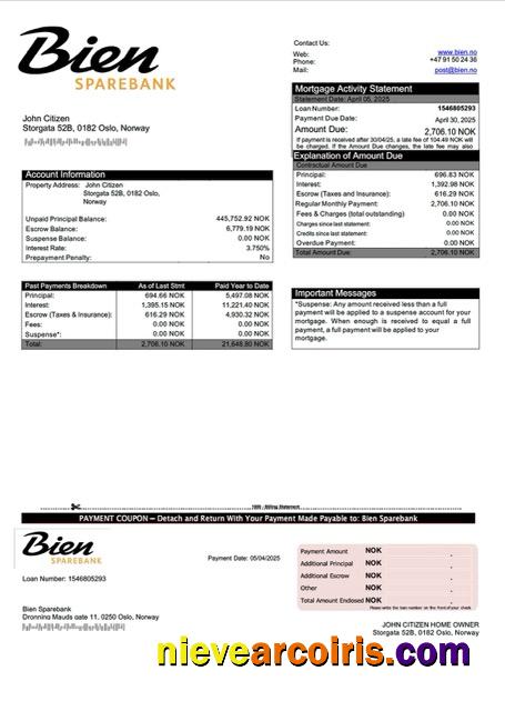 Professional Norway Bien Sparebank Mortgage Statement Word And PDF Template