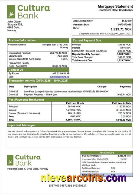 Professional Norway Cultura Sparebank Mortgage Statement Word And PDF Template